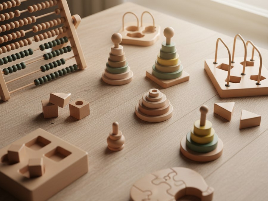 Vari giocattoli Montessori in legno su un tavolo, con forme e colori naturali.
