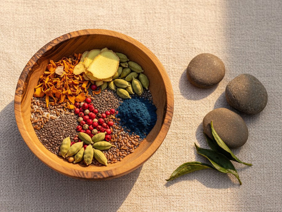 Composizione artistica di erbe naturali, radici e piccoli contenitori di integratori su una superficie in legno.